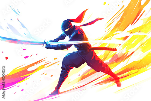 A dynamic ninja character wielding swords amidst colorful splashes, symbolizing action and agility. photo