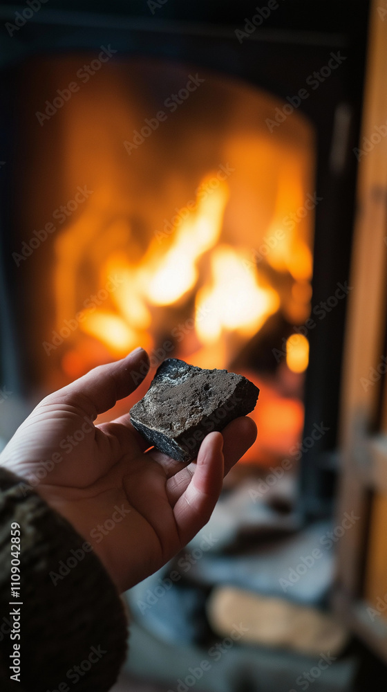 Fototapeta premium Hand holding coal for First-footing near glowing fireplace