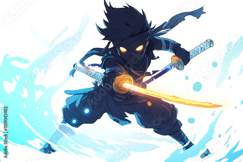 A dynamic ninja character wielding a glowing sword, poised for action amidst swirling energy.
