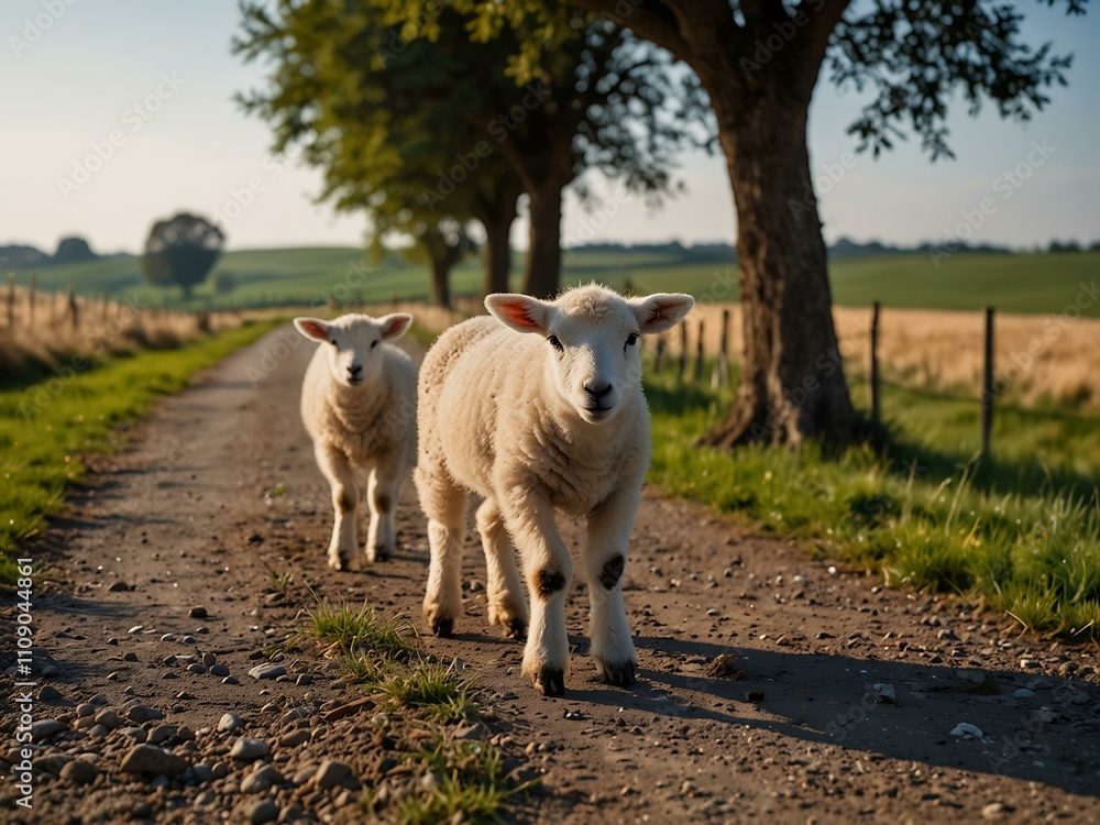 Obraz premium Two lambs grazing by a rural road.