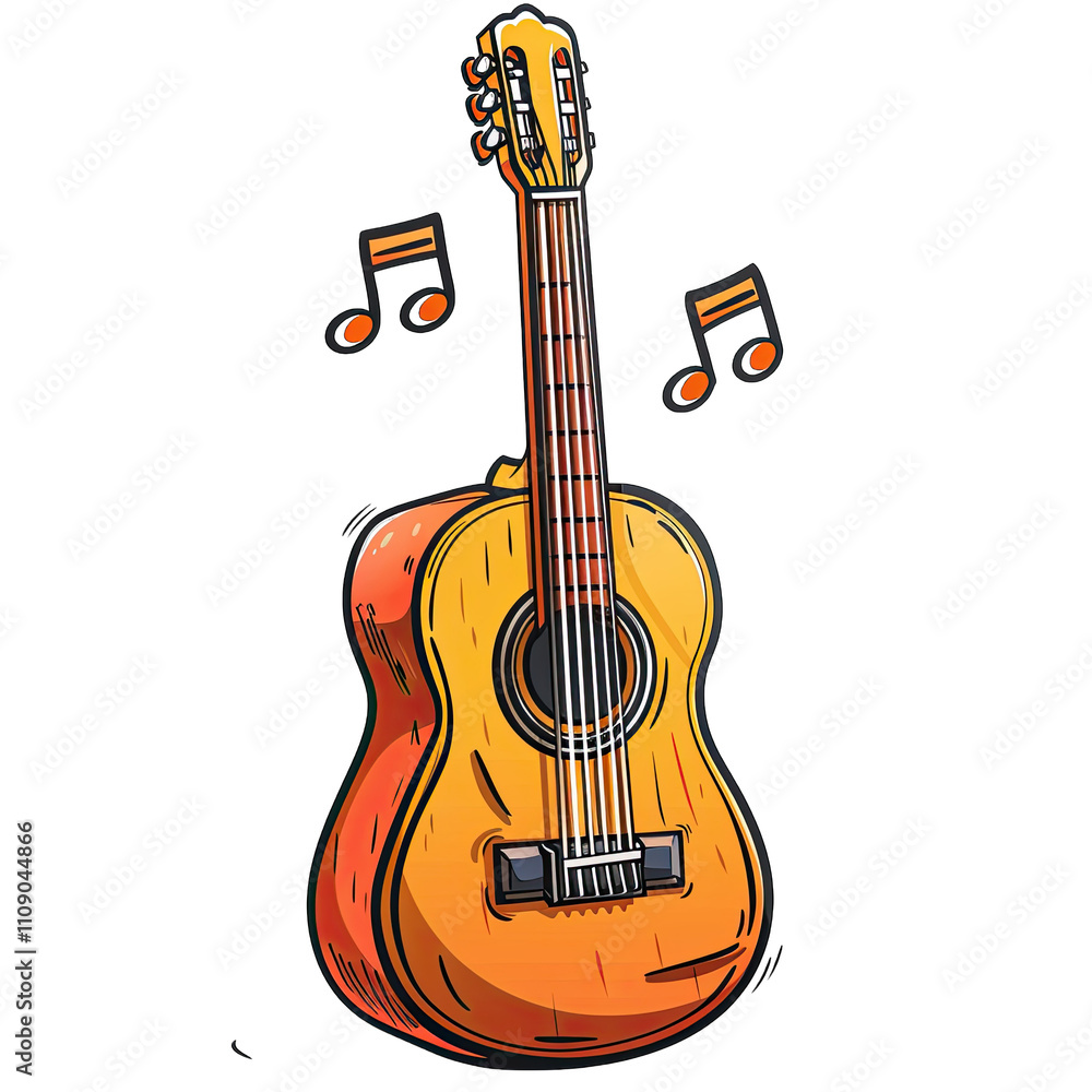Obraz premium Acoustic guitar illustration with musical notes floating around isolated on transparent background cutout png