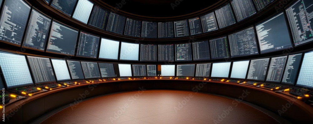 Fototapeta premium A futuristic control room filled with multiple screens displaying data, creating a high-tech environment for monitoring and analysis.