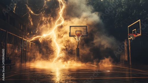 Dramatic lightning illuminates an outdoor basketball court at night. The scene is intense and atmospheric.