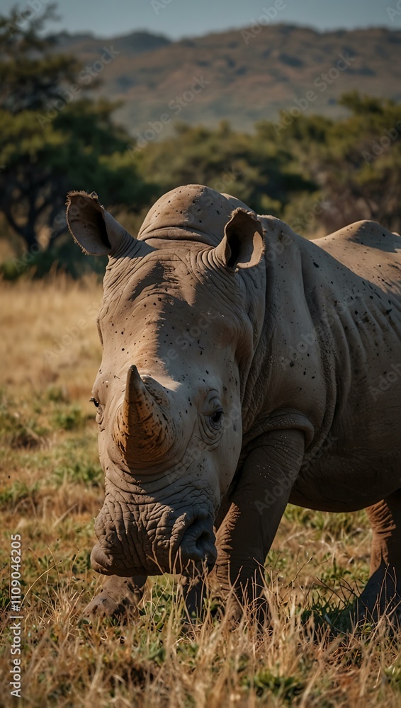 Fototapeta premium Two rhinos grazing with their backs to the camera in South Africa.