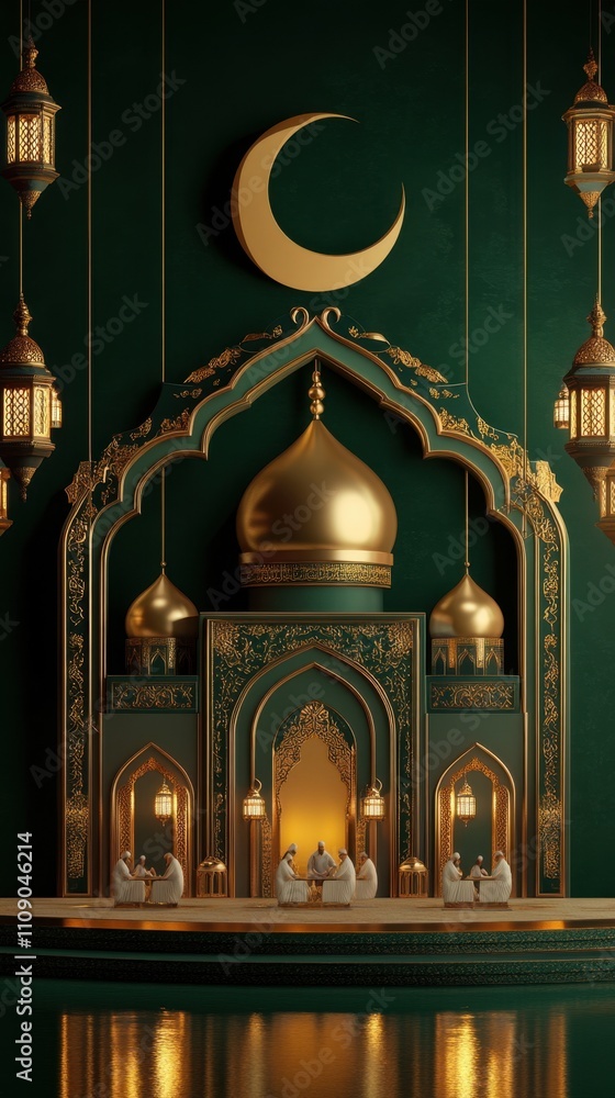 Obraz premium Majestic Ramadan Celebration: Golden Mosque Under Crescent Moon