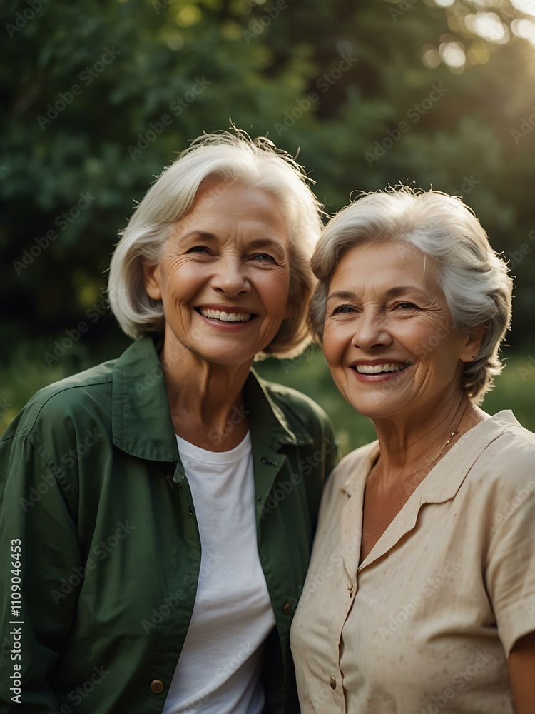 Fototapeta premium Two senior women enjoying nature and smiling.