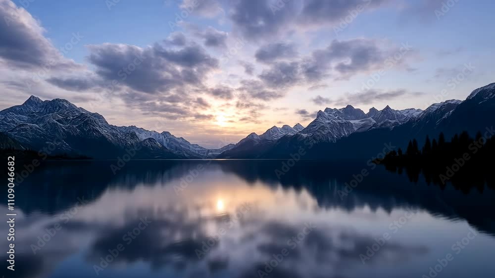 Serene sunrise over a tranquil lake surrounded by majestic mountains and dramatic clouds Serene sunrise over a tranquil lake surrounded by majestic mountains and dramatic clouds