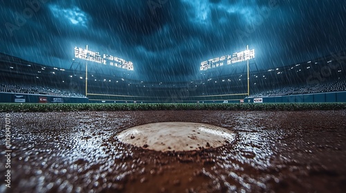 Rainy night at the baseball stadium. Pitcher's mound under the lights.