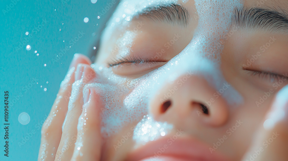 Naklejka premium Portrait of Asian woman applying foam for washing on her face with attractive appearance. Skincare spa relax concept.