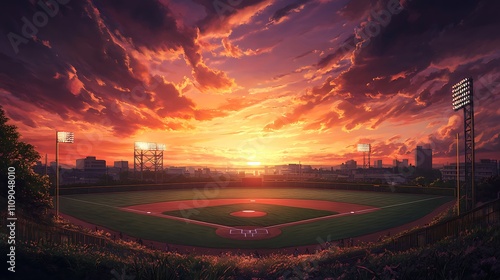 Stunning sunset over an empty baseball field. The fiery sky casts a warm glow on the stadium.