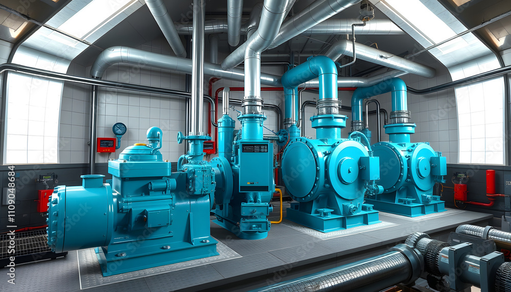 Fototapeta premium High power pumps inside a heating plant with a white accent, png