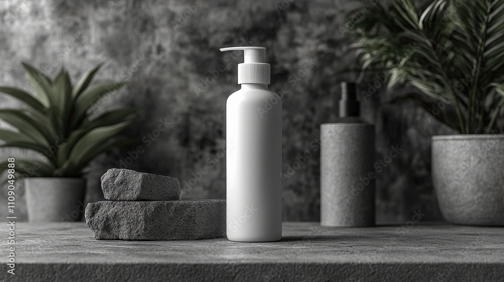 Minimalistic White Bottle on Stone Surface Surrounded by Plants in a Sophisticated Natural Environment for Product Photography Minimalistic White Bottle on Stone Surface Surrounded by Plants in a Sophisticated Natural Environment for Product Photography