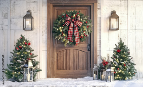 Festive holiday entrance decorated with wreath and illuminated trees during winter season