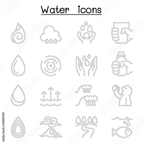 Water icon set in thin line style