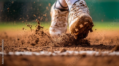 Close-up of muddy cleats kicking up dirt on a baseball field.  The intense action is captured in this dynamic shot.