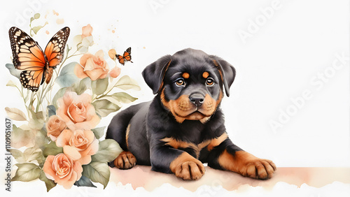 A heartwarming watercolor painting of a Rottweiler puppy surrounded by delicate pink roses and butterflies.