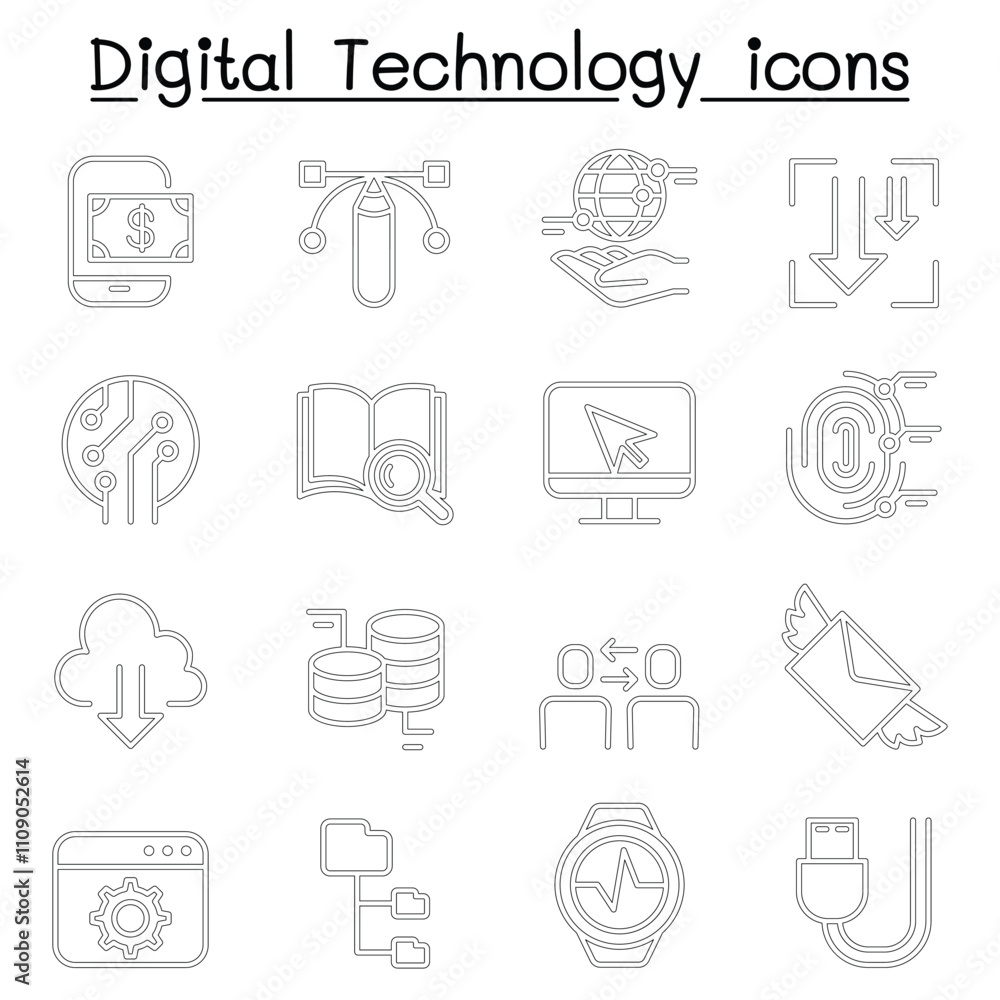 Fototapeta premium Digital Data Technology icon set in thin line style