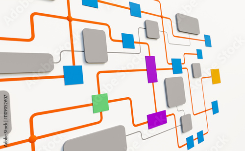 Flow chart or decision tree, close up. Lines connected with geometric shapes. Stragey, map, plan, chart, node tree, conncection in process. 3D illustration photo