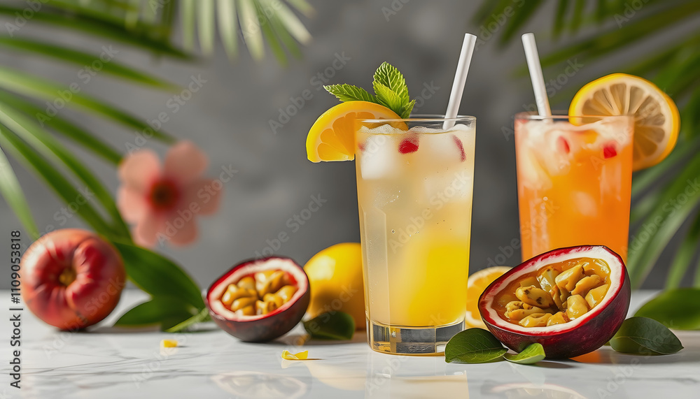 Fototapeta premium Lemonade or tropical cocktail with lemon, passion fruit, Tropical drink for summer party with a white accent, png