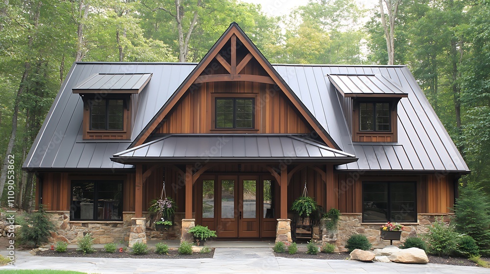 A stunning modern mountain home with a dark metal roof and cedar siding. A stunning modern mountain home with a dark metal roof and cedar siding.