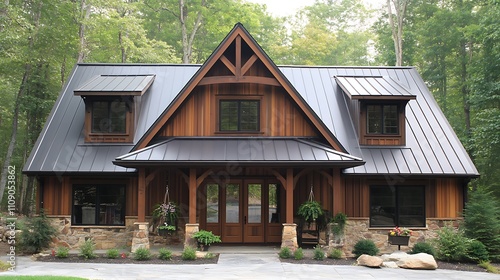 A stunning modern mountain home with a dark metal roof and cedar siding.