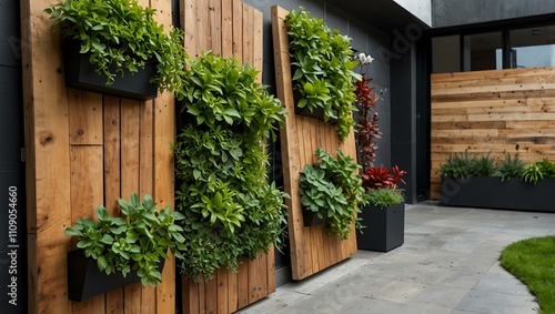 Fototapeta Naklejka Na Ścianę i Meble -  Urban vertical garden with wooden panels.