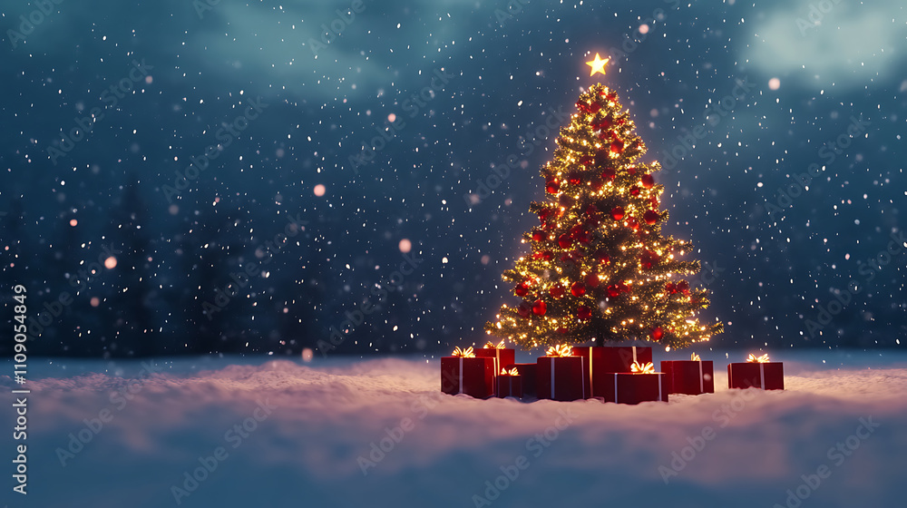 Obraz premium festive Christmas tree adorned with glowing lights and gifts, creating magical winter scene
