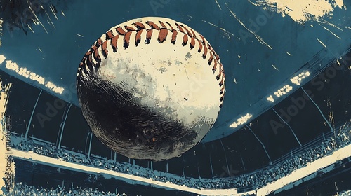 Giant baseball soaring over a packed stadium. Classic sports art.