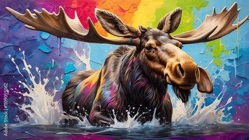 painted an animal. Moose splash painting technique on a vibrant photo