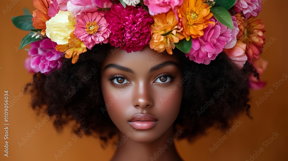 Naklejka premium A woman with striking features displays an elaborate floral crown