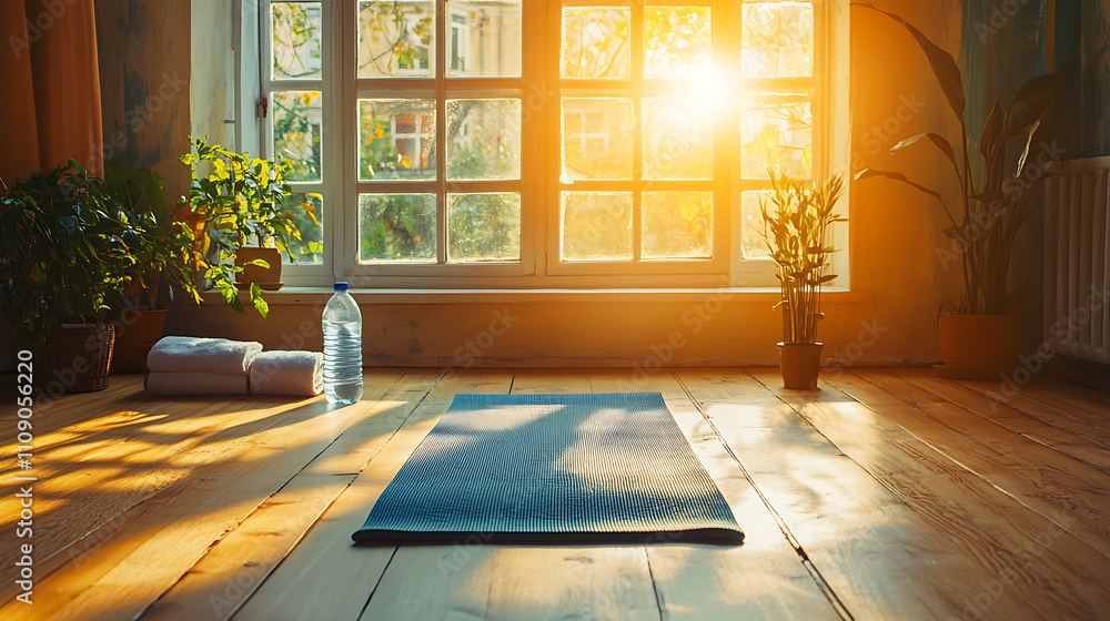 Fototapeta premium serene yoga space with sunlight streaming through windows, plants, and mat