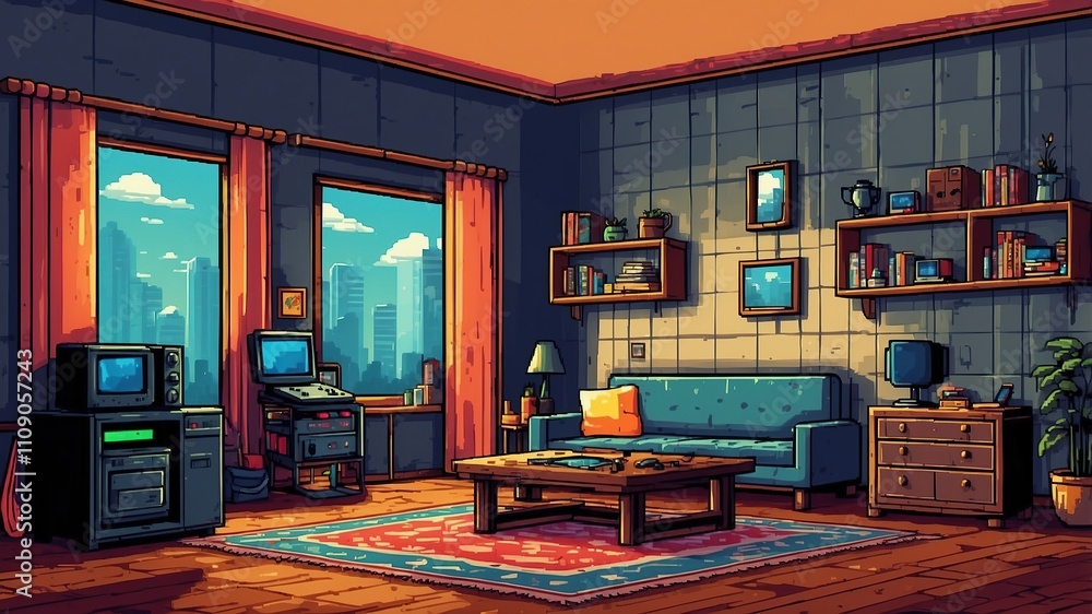 Fototapeta premium Pixel art game room, bedroom with video game consoles, background in retro style for 8 bit game, 