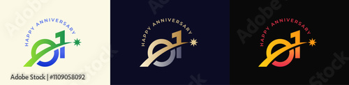 Logo Anniversary with Rising star 1st, 1st Happy Anniversary with Colorful Gradient, Luxury Gold and Silver.