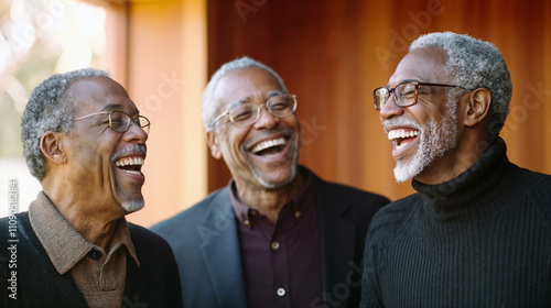 Elderly black ethnic gentlemen bonding over laughter and stories, retired African American diverse buddies making cherished memories, smart and sophisticated