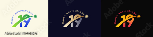 Logo Anniversary with Rising star 19th, 19th Happy Anniversary with Colorful Gradient, Luxury Gold and Silver.