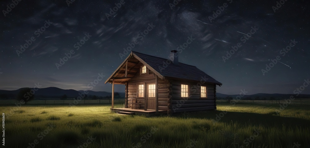 A small cabin in a field at night with multiple star trails, night, natural A small cabin in a field at night with multiple star trails, night, natural