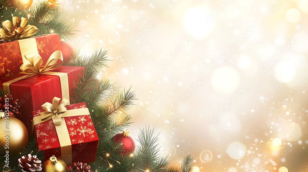 Christmas gifts and decorations with festive background full of joy Christmas gifts and decorations with festive background full of joy