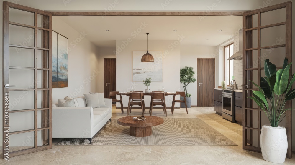 Fototapeta premium Modern Open-Concept Living and Dining Area with Natural Light. Bright and airy open-concept living and dining space featuring contemporary furniture and stylish decor.