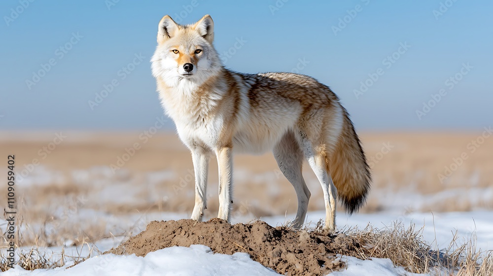 Fototapeta premium Wildlife photography coyote standing proudly on snowy ground in open field