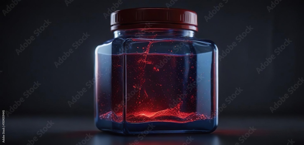 Blue shimmering liquid in a dark glass container illuminated by red LED lights , sci-fi, mysterious Blue shimmering liquid in a dark glass container illuminated by red LED lights , sci-fi, mysterious