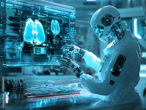 An AI-assisted medical device or virtual healthcare service, such as a robot performing surgery, AI diagnosing a patient from a scan, or a wearable health tech monitoring vitals.