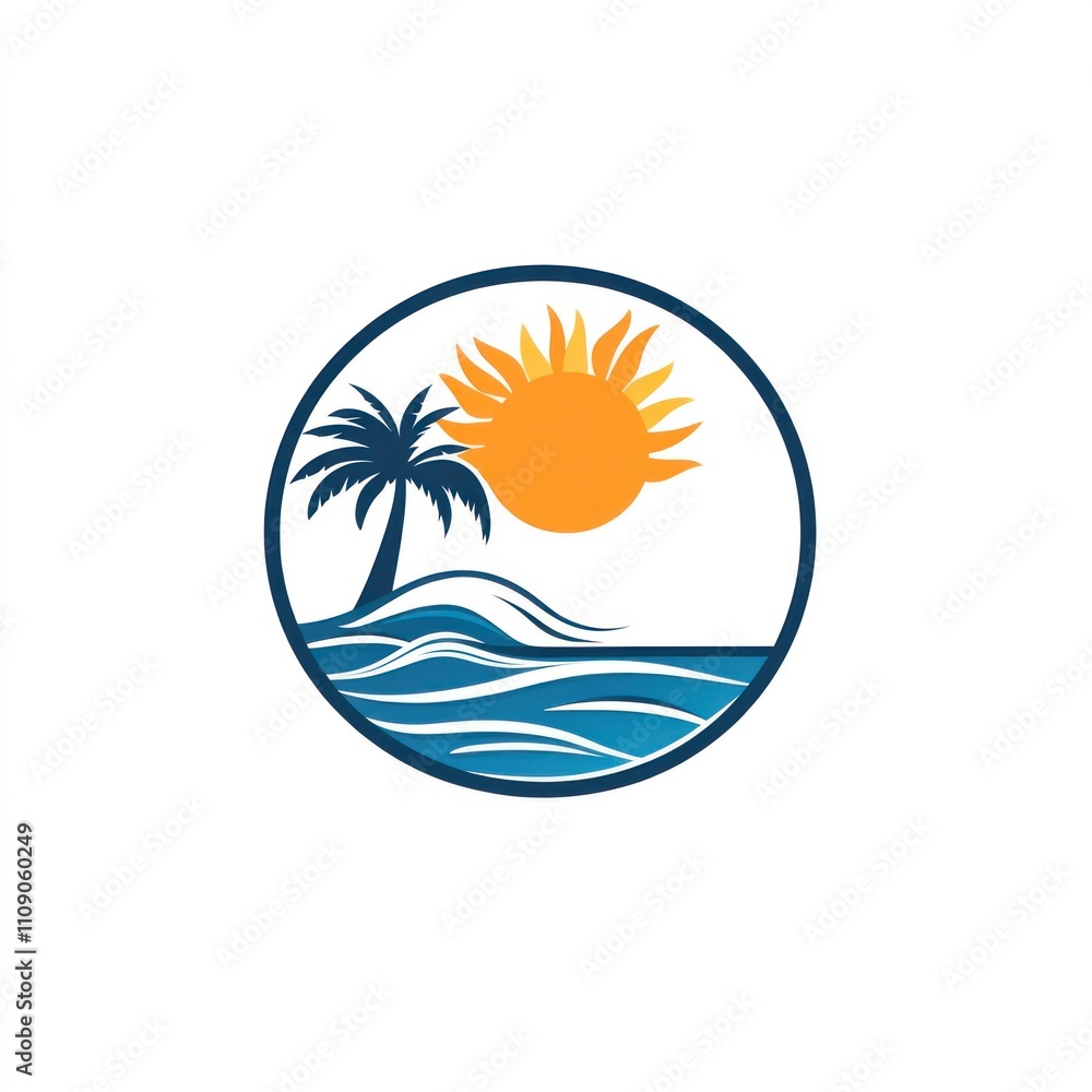 Obraz premium Tropical beach scene with sun, palm tree, and ocean waves in a circle.