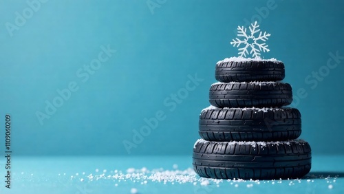 Tires are stacked on top of each other in shape of christmas tree with a snowflake on top. Blue light background, copy space. Christmas concept for auto service, auto repair businesses