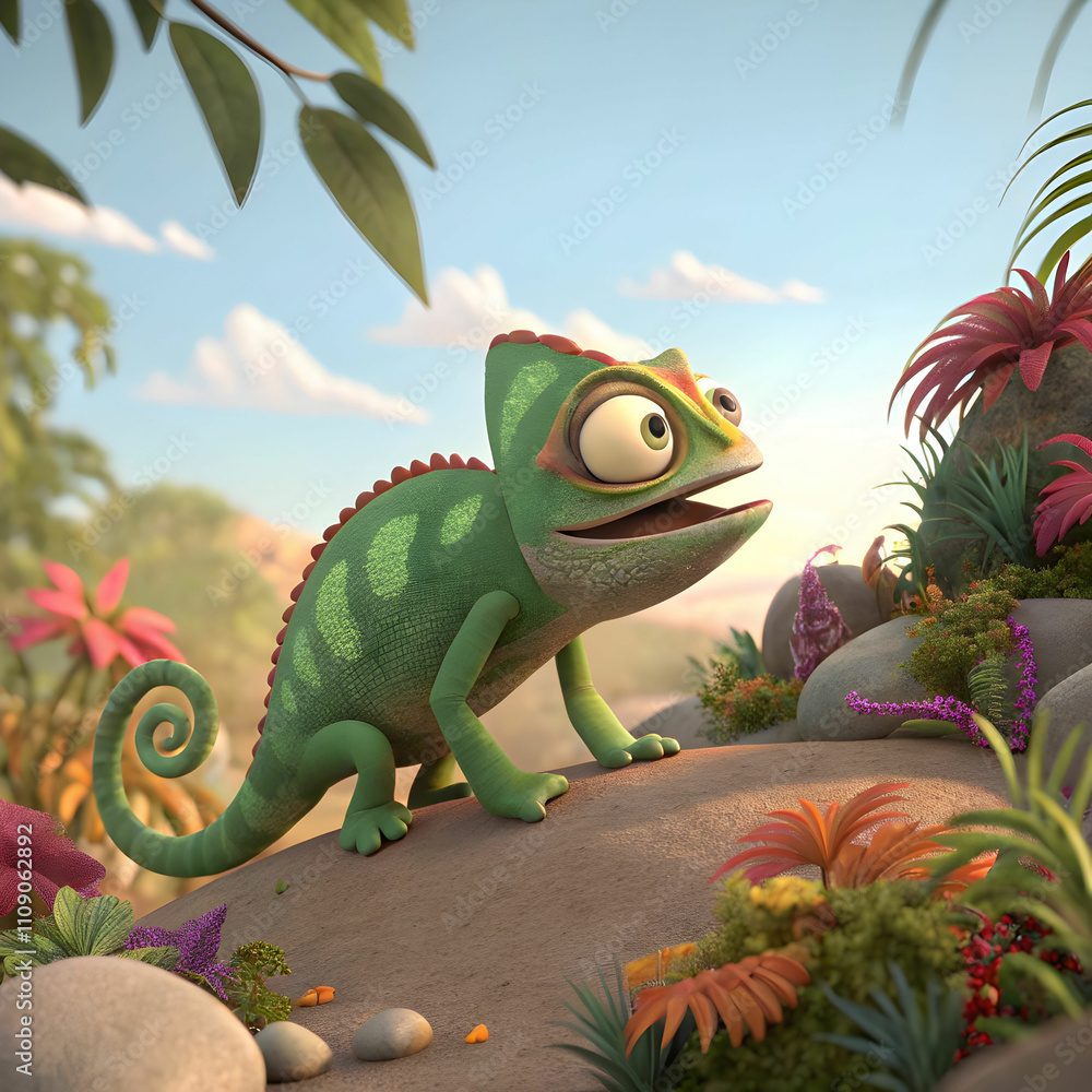 Obraz premium A 3D cartoon of a chameleon changing color to camouflage itself in its environment