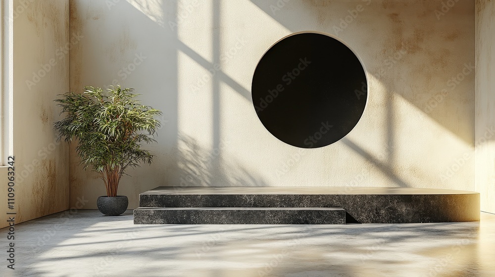 Minimalist Interior Space Featuring a Large Circular Wall Art Element, Natural Lighting, Indoor Plant, and Stylish Décor for Contemporary Design Inspiration Minimalist Interior Space Featuring a Large Circular Wall Art Element, Natural Lighting, Indoor Plant, and Stylish Décor for Contemporary Design Inspiration