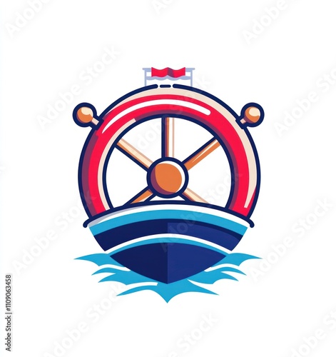 Red ship wheel on blue boat, ocean waves. photo