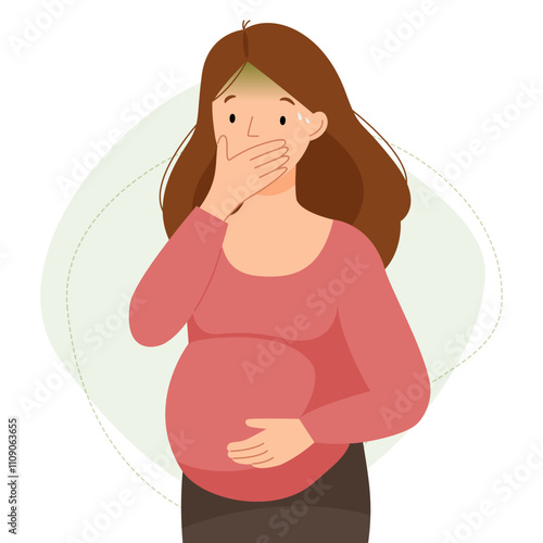 The cute pregnant woman experiences nausea. Pregnancy problems. Girl covers her mouth with her hand. Vector flat illustration