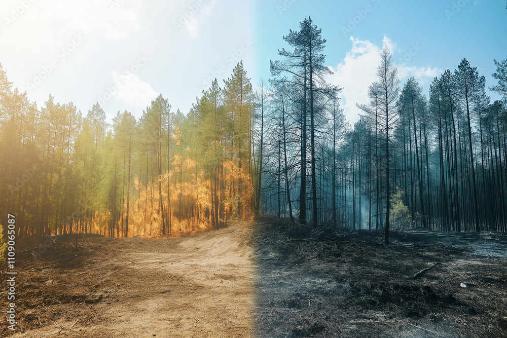Obraz premium Pine forest before and after the fire