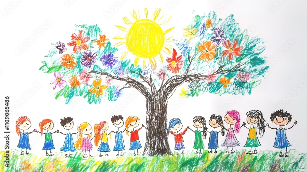 Fototapeta premium Colorful crayon drawing of children holding hands around a vibrant tree with flowers and sun.