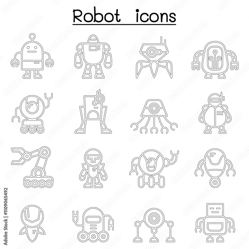 Robot icon set in thin line style Robot icon set in thin line style